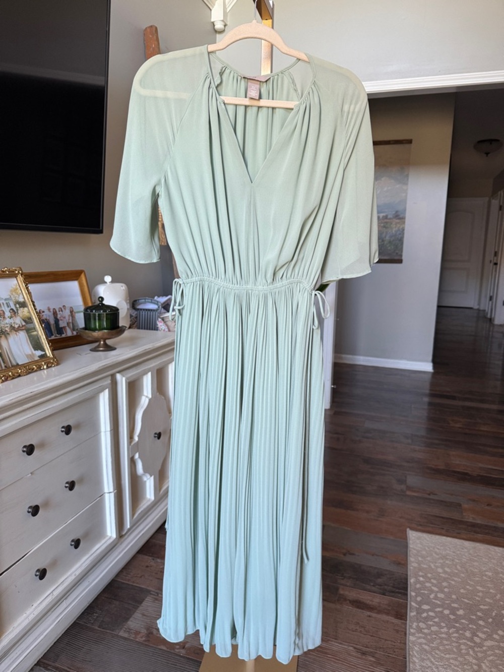 H&M Sage Green Pleated Maxi Dress with V-Neck